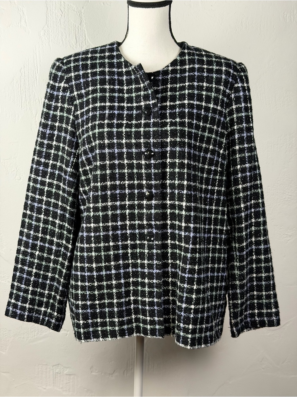 Alfred Dunner Black White & Lavender Plaid Tweed Blazer Jacket Perfect Class 14